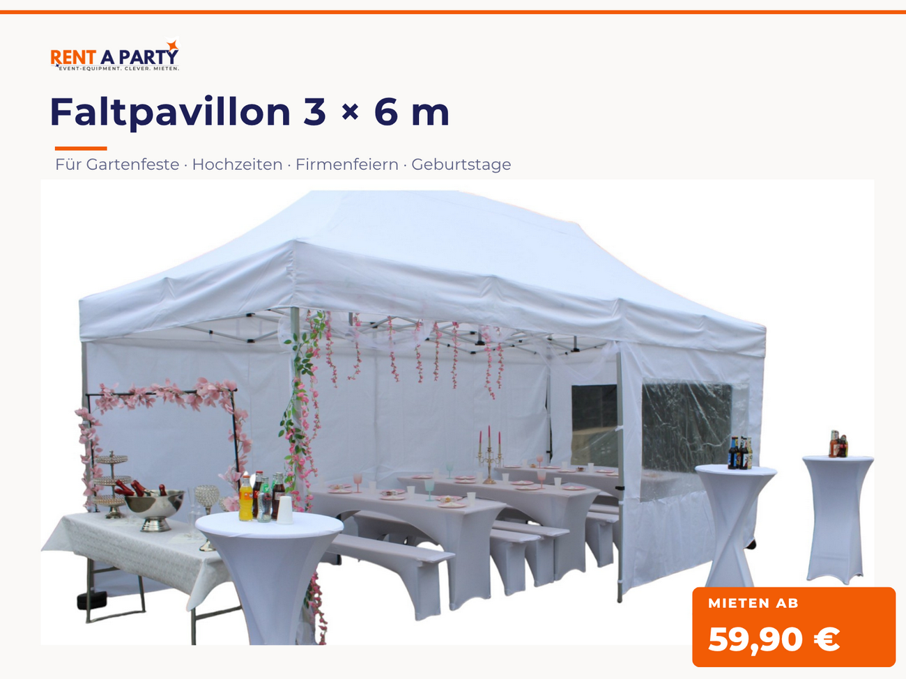 Faltpavillon 3 × 6 m weiß