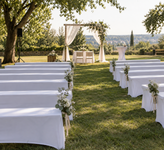 Bierzeltbank 220 cm inkl. weißer Stretchhusse für Freie Trauung, Hochzeit mieten